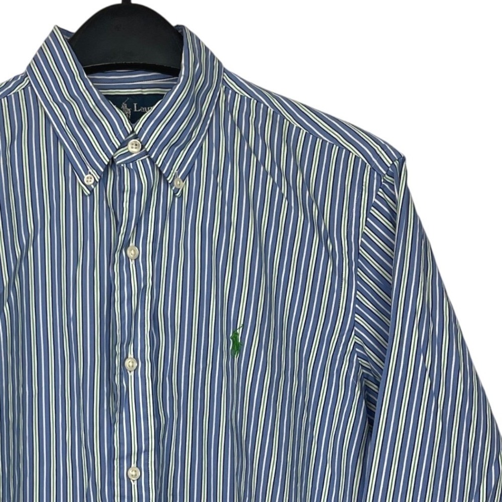 Polo Ralph Lauren Mens M 100% Cotton Button Down Shirt Blue Green White Stripe